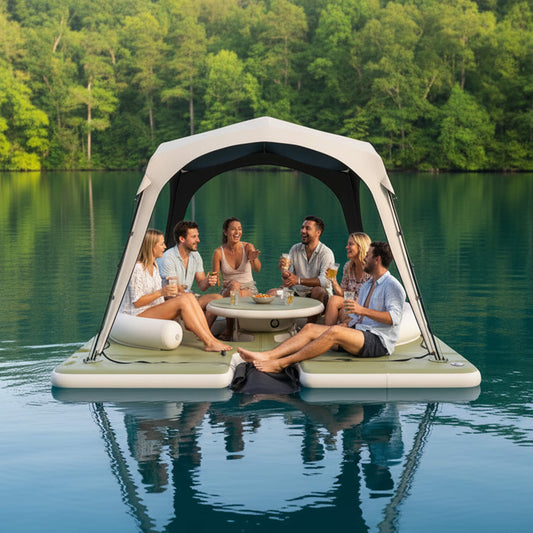11FT x 11FT Premium Floating Dock Lounge with with Ladder, Double Seats, Table, and Canopy