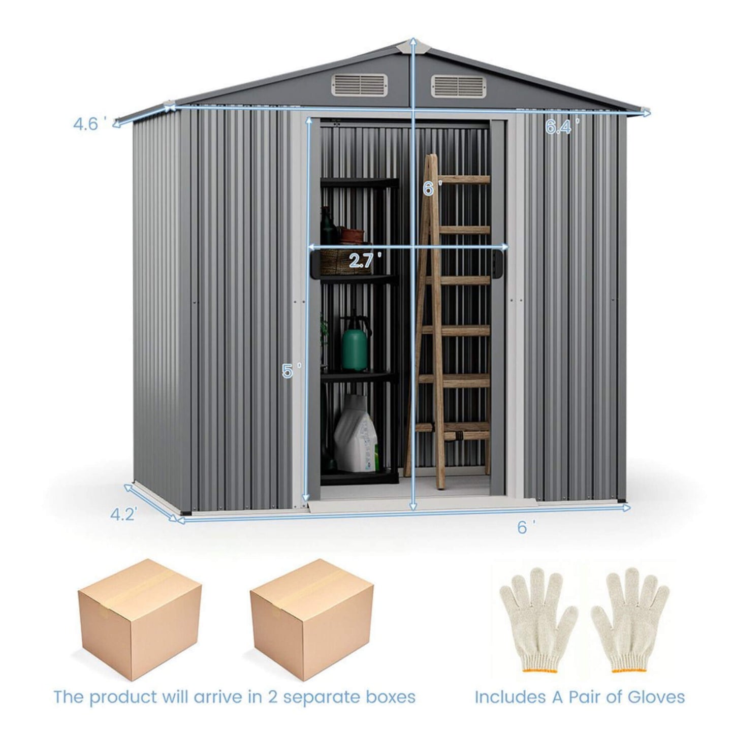 4FT x 6FT Alora Premium Garden Galvanized Steel Storage Shed w/ Lockable Sliding Doors