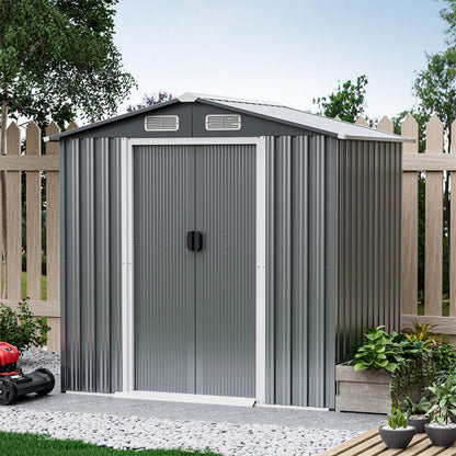 4FT x 6FT Alora Premium Garden Galvanized Steel Storage Shed w/ Lockable Sliding Doors