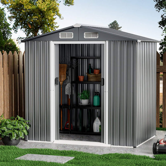 4FT x 6FT Alora Premium Garden Galvanized Steel Storage Shed w/ Lockable Sliding Doors