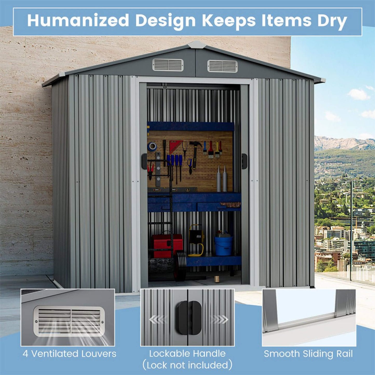 4FT x 6FT Alora Premium Garden Galvanized Steel Storage Shed w/ Lockable Sliding Doors