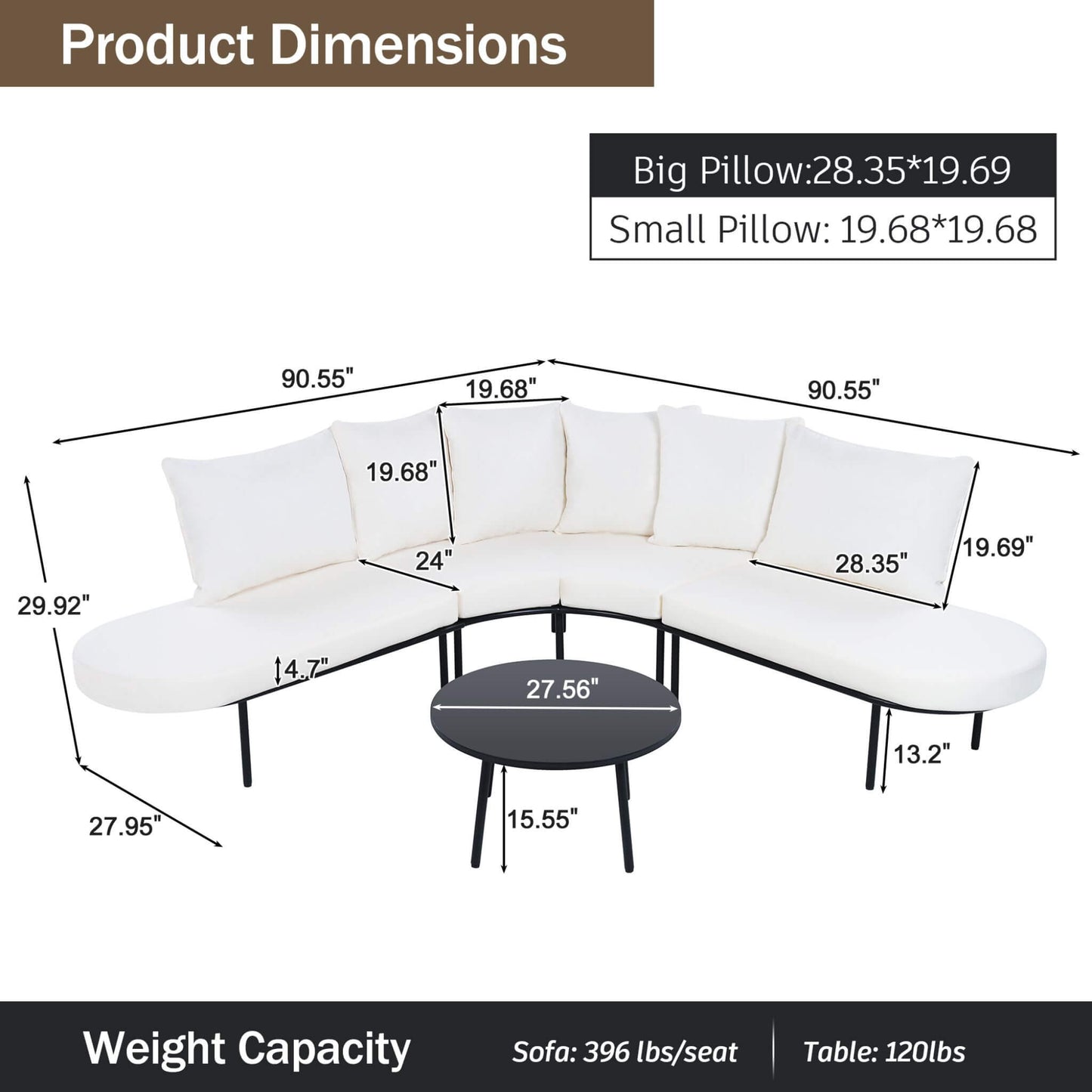 Alora Premium Half-Moon 6-Person Curved All-Weather Outdoor Furniture Sofa Patio Set With Coffee Table And Cushions