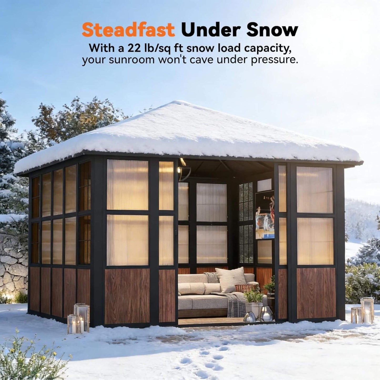 Alora Premium Hardtop Aluminum Sunroom Solarium with TV Mount and Sliding Doors