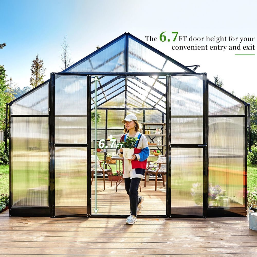 12' x 13' 5" FT Premium Large Outdoor Double Door Aluminum Polycarbonate Greenhouse With Quick Connect Fitting