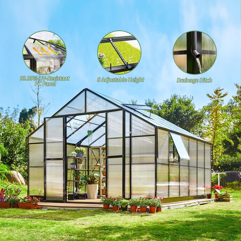 12' x 13' 5" FT Premium Large Outdoor Double Door Aluminum Polycarbonate Greenhouse With Quick Connect Fitting