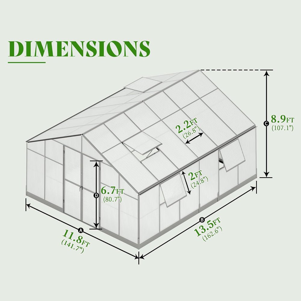 12' x 13' 5" FT Premium Large Outdoor Double Door Aluminum Polycarbonate Greenhouse With Quick Connect Fitting