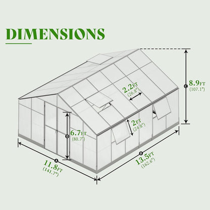 12' x 13' 5" FT Premium Large Outdoor Double Door Aluminum Polycarbonate Greenhouse With Quick Connect Fitting