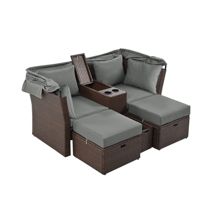 Alora Premium Outdoor 2-Seater Patio Daybed with Foldable Awning, Cushions, and Rattan Frame