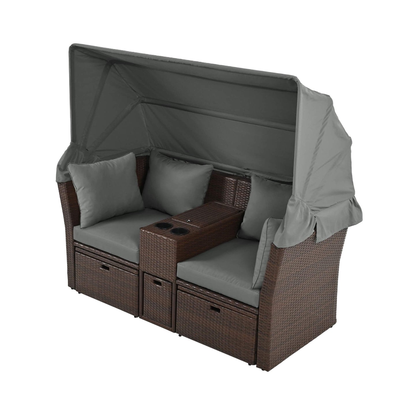 Alora Premium Outdoor 2-Seater Patio Daybed with Foldable Awning, Cushions, and Rattan Frame