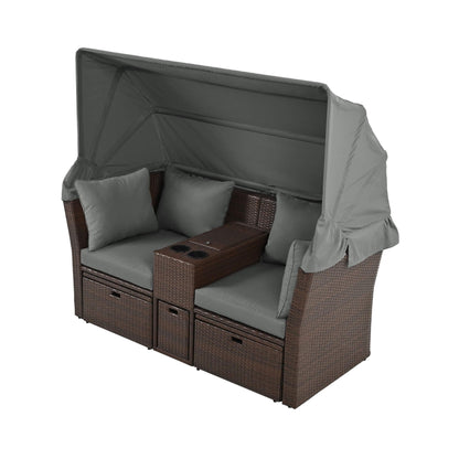 Alora Premium Outdoor 2-Seater Patio Daybed with Foldable Awning, Cushions, and Rattan Frame