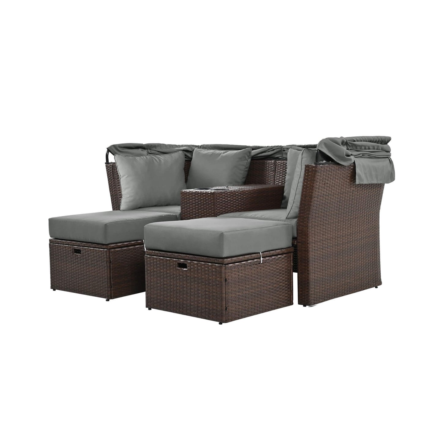 Alora Premium Outdoor 2-Seater Patio Daybed with Foldable Awning, Cushions, and Rattan Frame