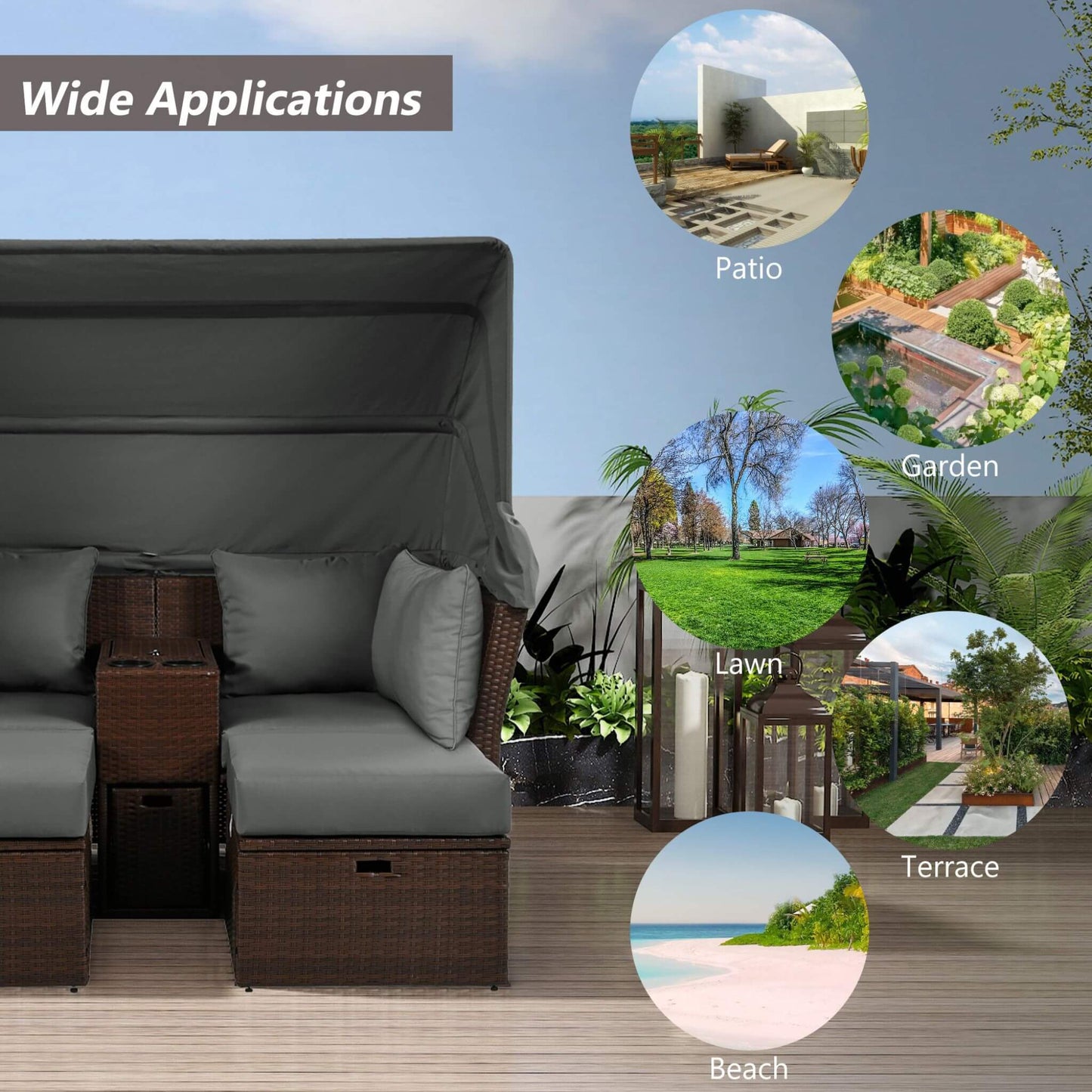 Alora Premium Outdoor 2-Seater Patio Daybed with Foldable Awning, Cushions, and Rattan Frame