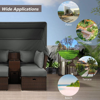 Alora Premium Outdoor 2-Seater Patio Daybed with Foldable Awning, Cushions, and Rattan Frame