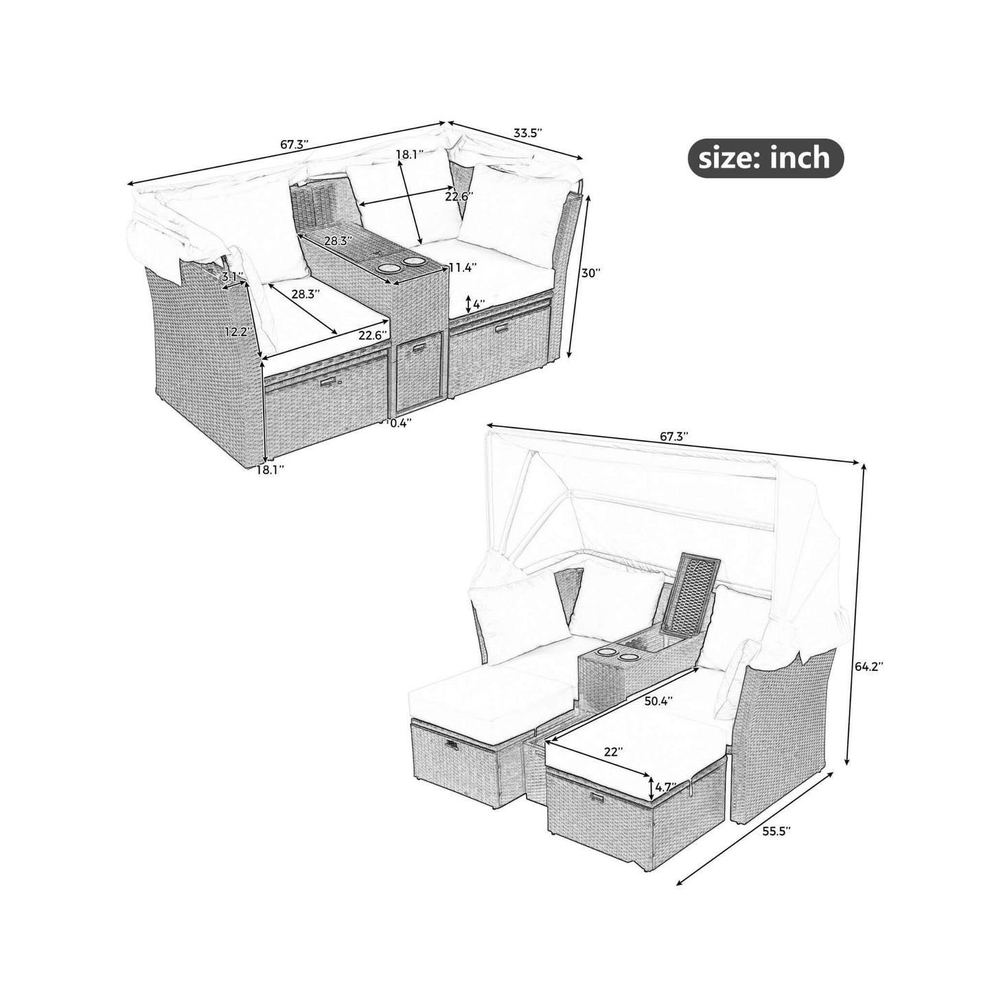 Alora Premium Outdoor 2-Seater Patio Daybed with Foldable Awning, Cushions, and Rattan Frame