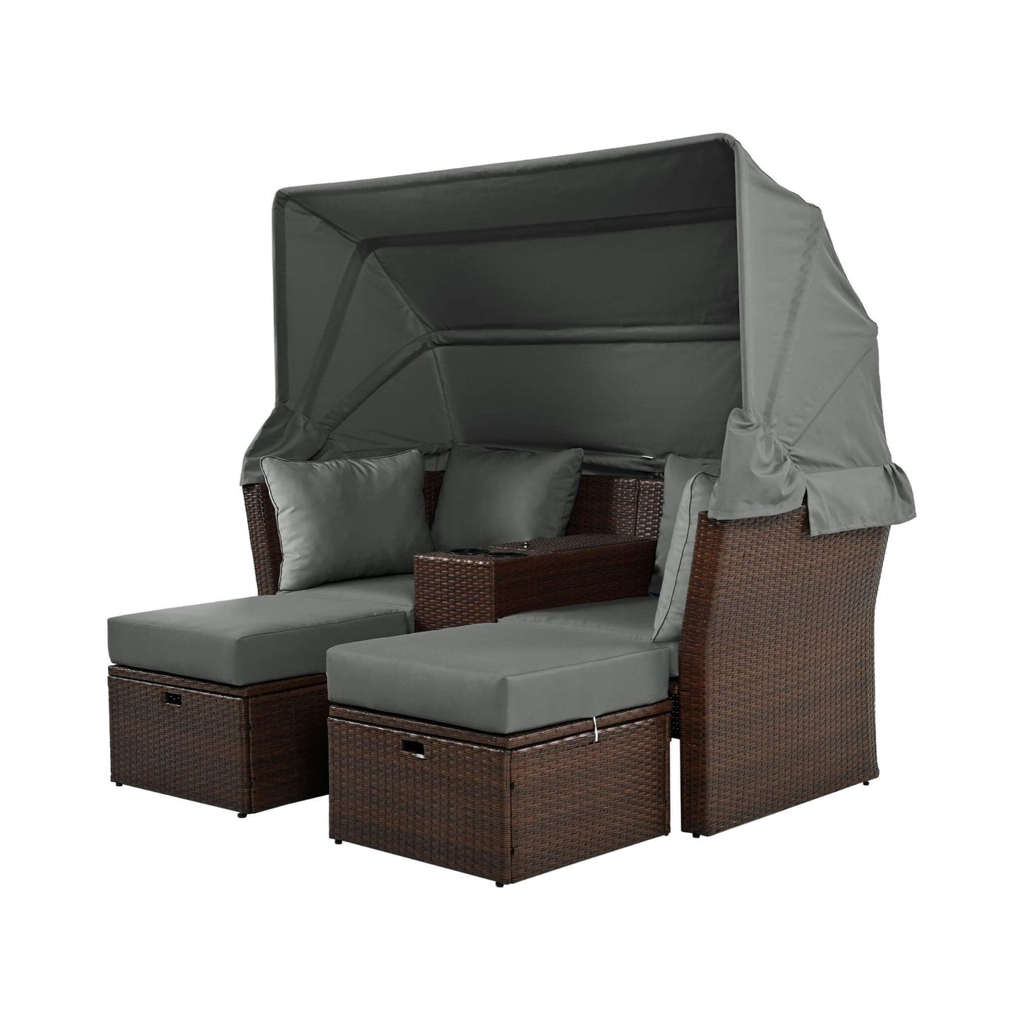 Alora Premium Outdoor 2-Seater Patio Daybed with Foldable Awning, Cushions, and Rattan Frame