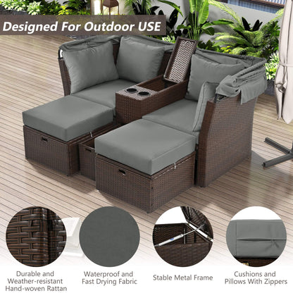 Alora Premium Outdoor 2-Seater Patio Daybed with Foldable Awning, Cushions, and Rattan Frame