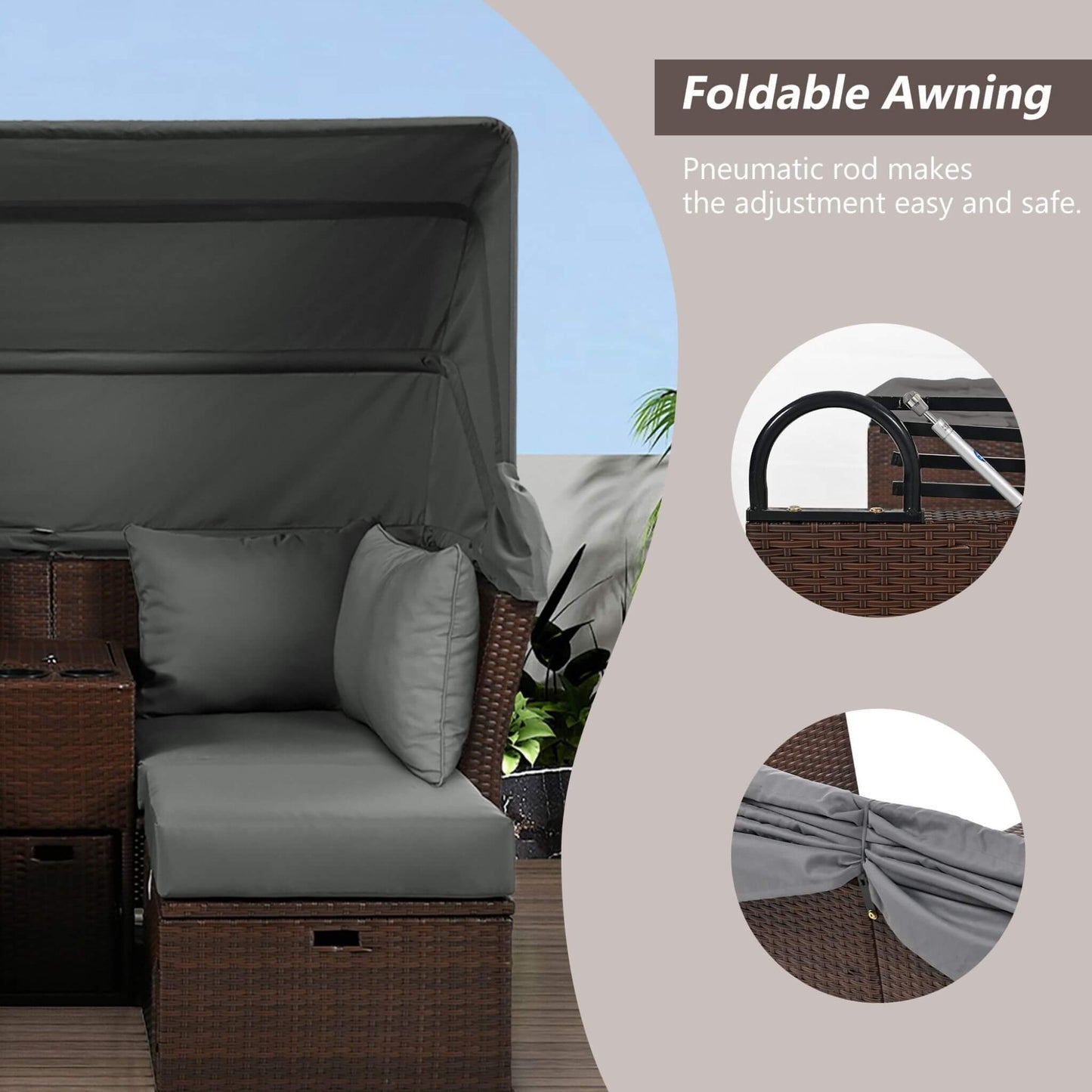 Alora Premium Outdoor 2-Seater Patio Daybed with Foldable Awning, Cushions, and Rattan Frame