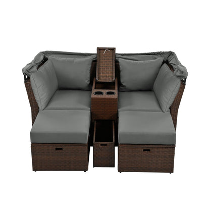 Alora Premium Outdoor 2-Seater Patio Daybed with Foldable Awning, Cushions, and Rattan Frame