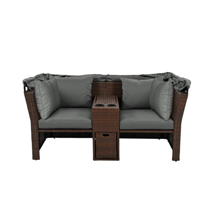Alora Premium Outdoor 2-Seater Patio Daybed with Foldable Awning, Cushions, and Rattan Frame