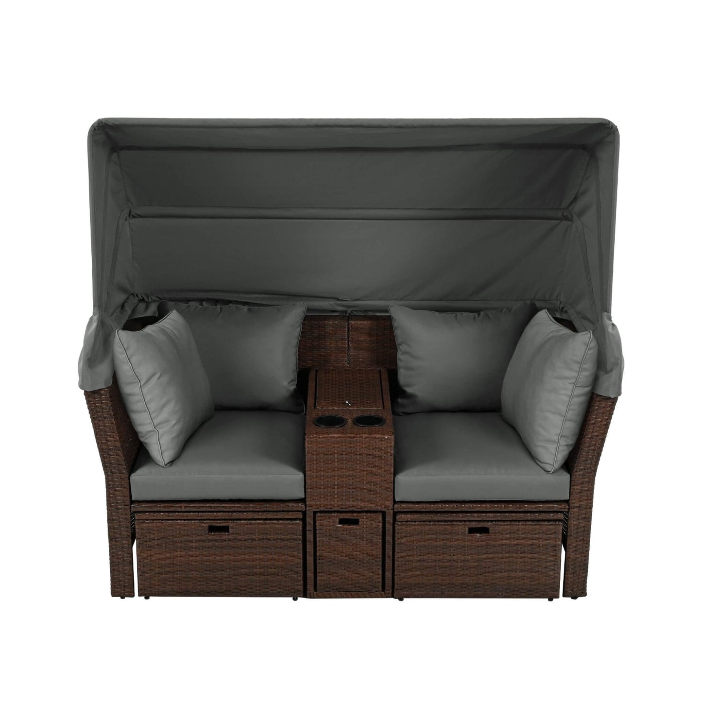 Alora Premium Outdoor 2-Seater Patio Daybed with Foldable Awning, Cushions, and Rattan Frame