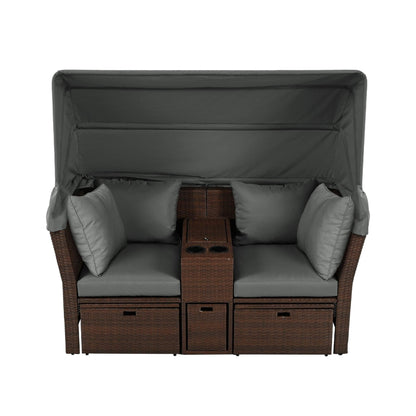 Alora Premium Outdoor 2-Seater Patio Daybed with Foldable Awning, Cushions, and Rattan Frame
