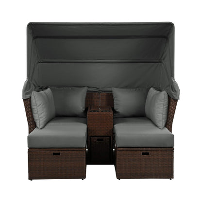 Alora Premium Outdoor 2-Seater Patio Daybed with Foldable Awning, Cushions, and Rattan Frame