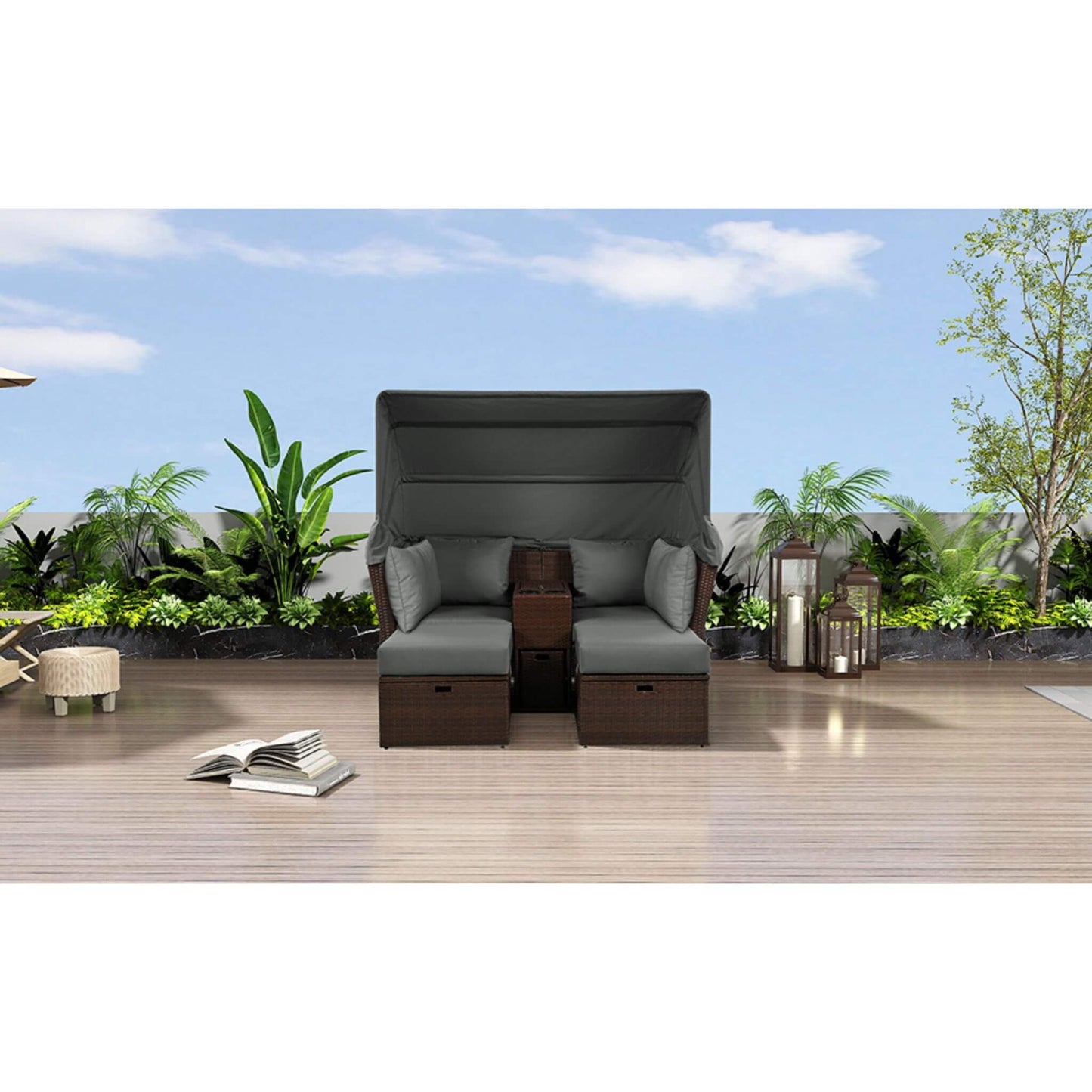 Alora Premium Outdoor 2-Seater Patio Daybed with Foldable Awning, Cushions, and Rattan Frame