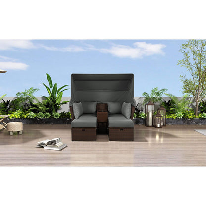 Alora Premium Outdoor 2-Seater Patio Daybed with Foldable Awning, Cushions, and Rattan Frame