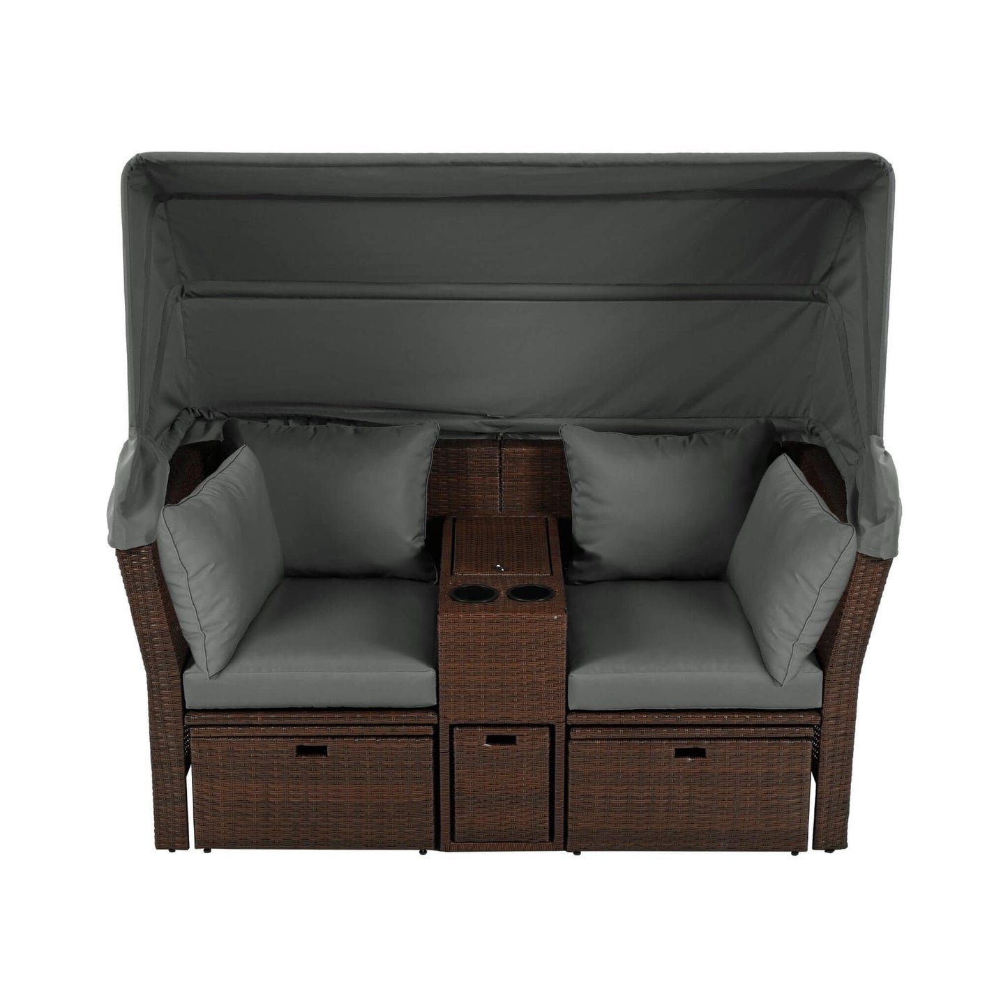 Alora Premium Outdoor 2-Seater Patio Daybed with Foldable Awning, Cushions, and Rattan Frame