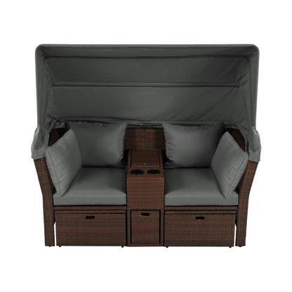 Alora Premium Outdoor 2-Seater Patio Daybed with Foldable Awning, Cushions, and Rattan Frame