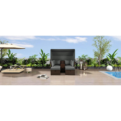Alora Premium Outdoor 2-Seater Patio Daybed with Foldable Awning, Cushions, and Rattan Frame