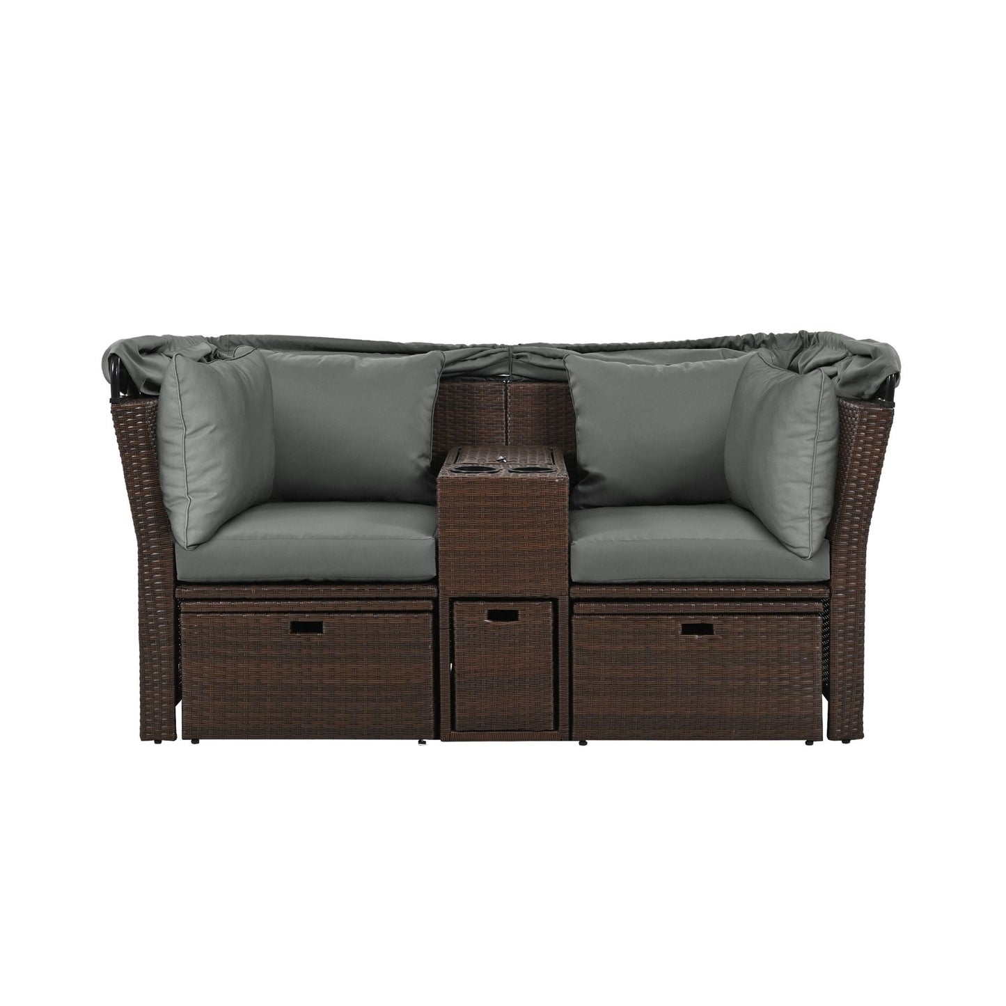 Alora Premium Outdoor 2-Seater Patio Daybed with Foldable Awning, Cushions, and Rattan Frame