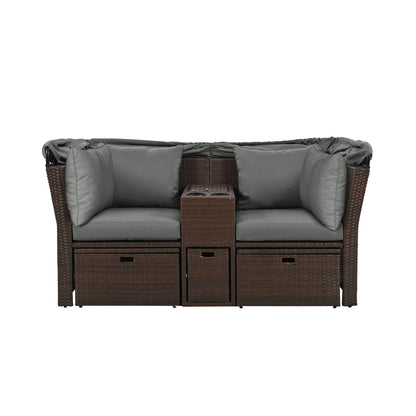 Alora Premium Outdoor 2-Seater Patio Daybed with Foldable Awning, Cushions, and Rattan Frame