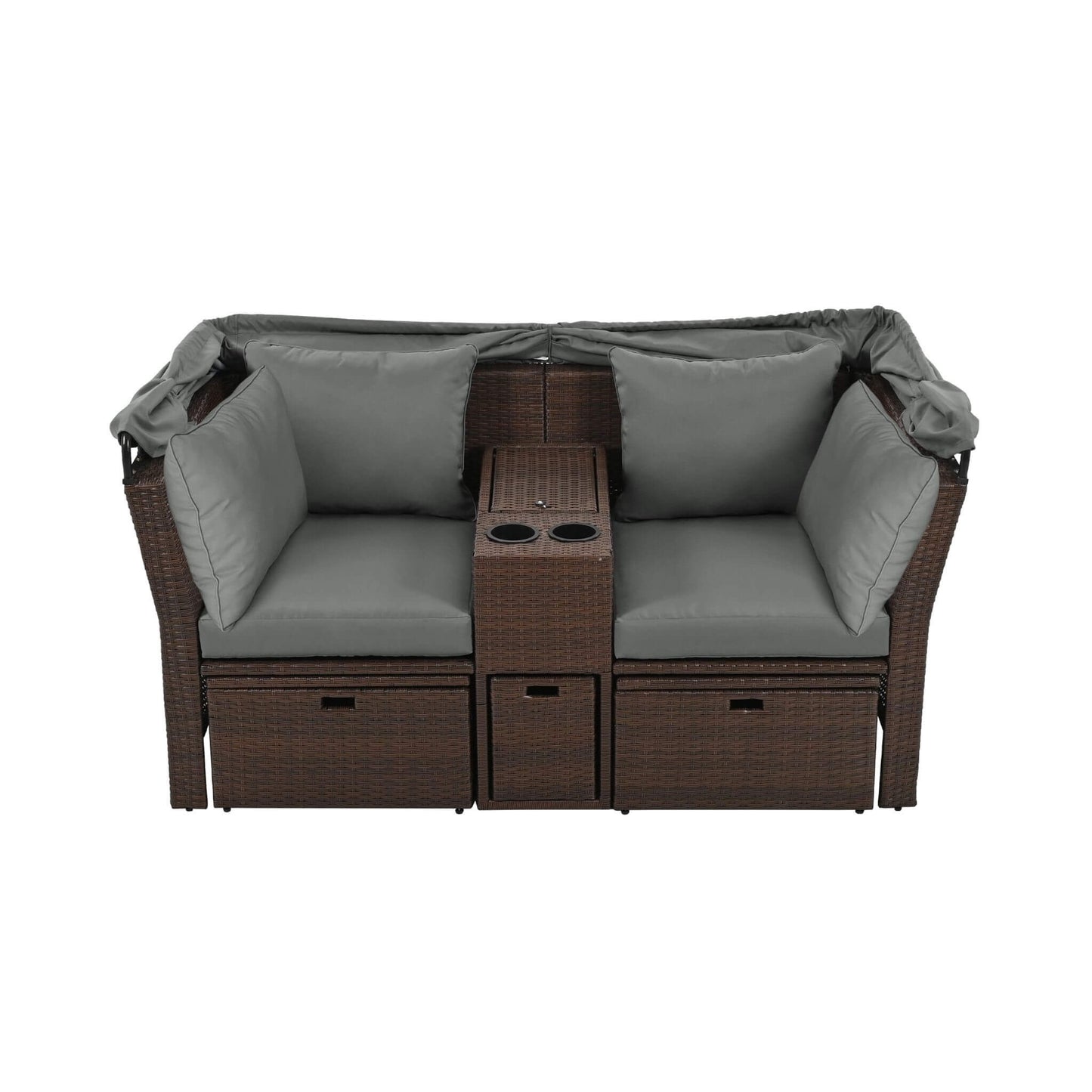Alora Premium Outdoor 2-Seater Patio Daybed with Foldable Awning, Cushions, and Rattan Frame