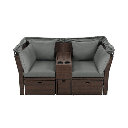 Alora Premium Outdoor 2-Seater Patio Daybed with Foldable Awning, Cushions, and Rattan Frame