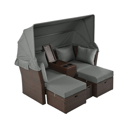 Alora Premium Outdoor 2-Seater Patio Daybed with Foldable Awning, Cushions, and Rattan Frame