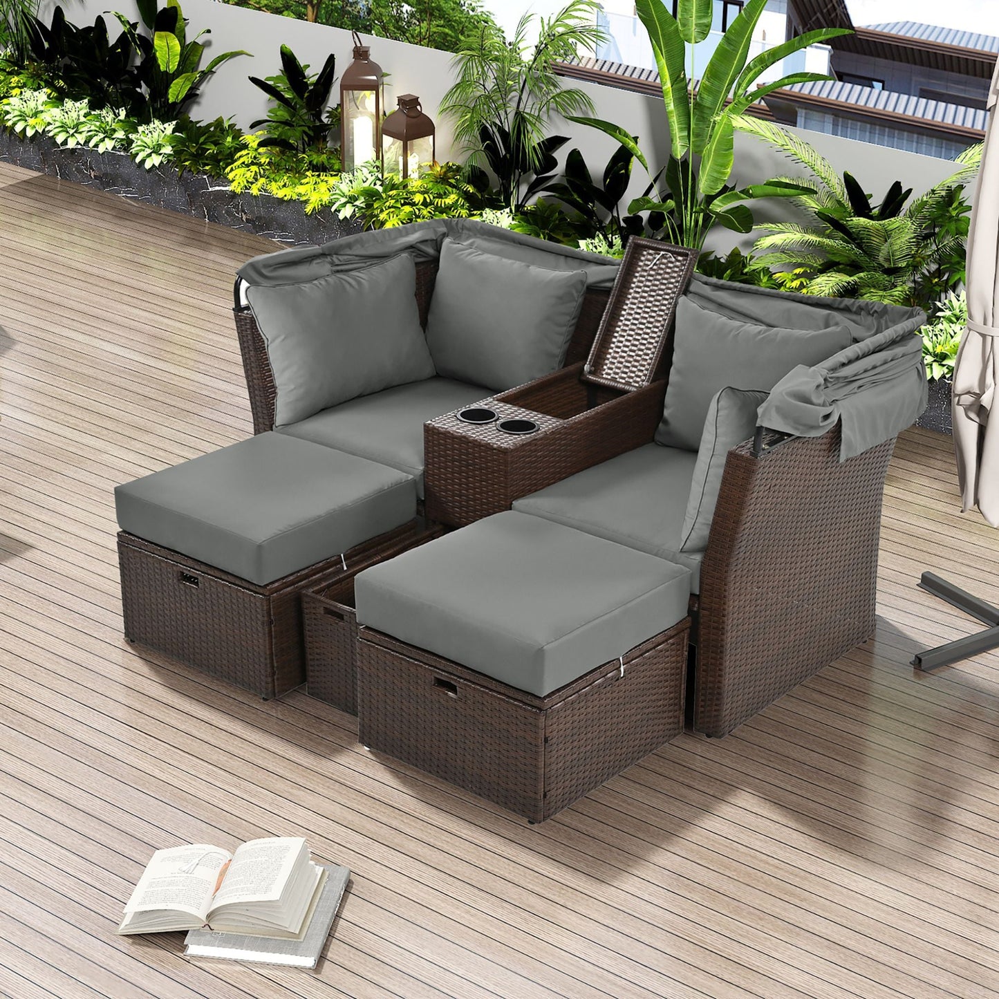 Alora Premium Outdoor 2-Seater Patio Daybed with Foldable Awning, Cushions, and Rattan Frame