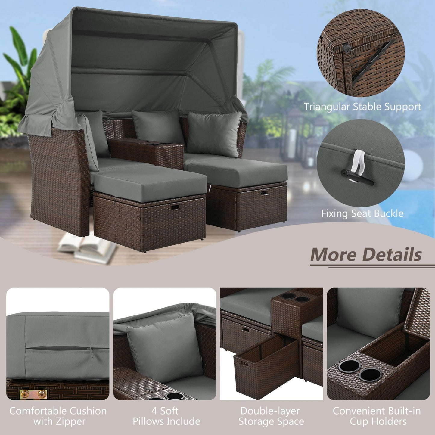 Alora Premium Outdoor 2-Seater Patio Daybed with Foldable Awning, Cushions, and Rattan Frame