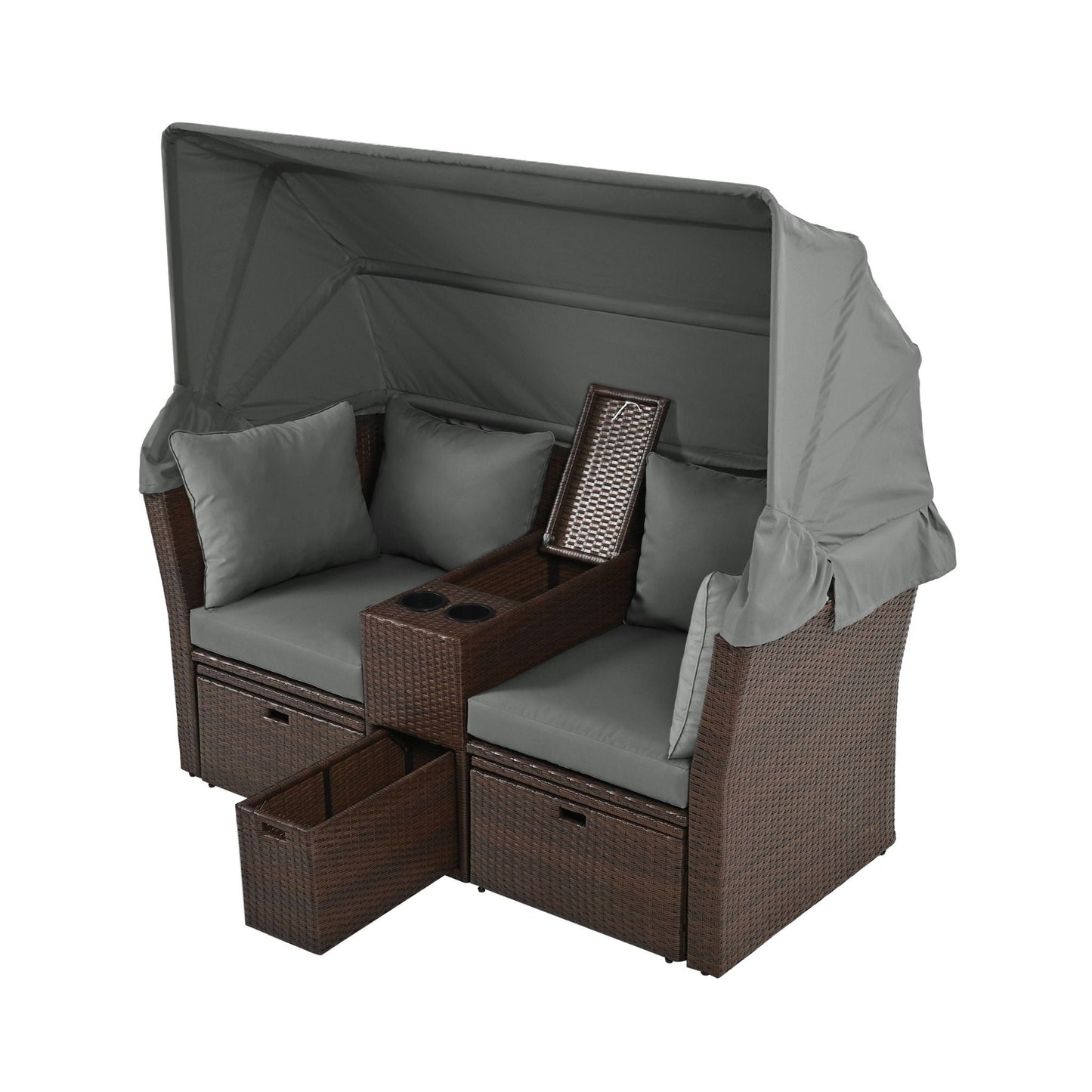 Alora Premium Outdoor 2-Seater Patio Daybed with Foldable Awning, Cushions, and Rattan Frame