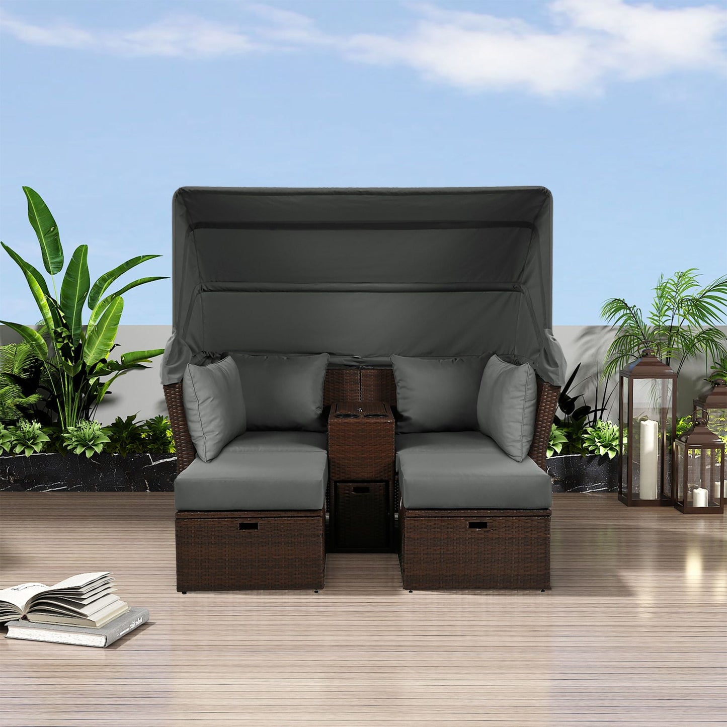 Alora Premium Outdoor 2-Seater Patio Daybed with Foldable Awning, Cushions, and Rattan Frame