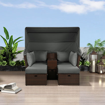 Alora Premium Outdoor 2-Seater Patio Daybed with Foldable Awning, Cushions, and Rattan Frame