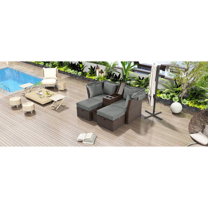 Alora Premium Outdoor 2-Seater Patio Daybed with Foldable Awning, Cushions, and Rattan Frame