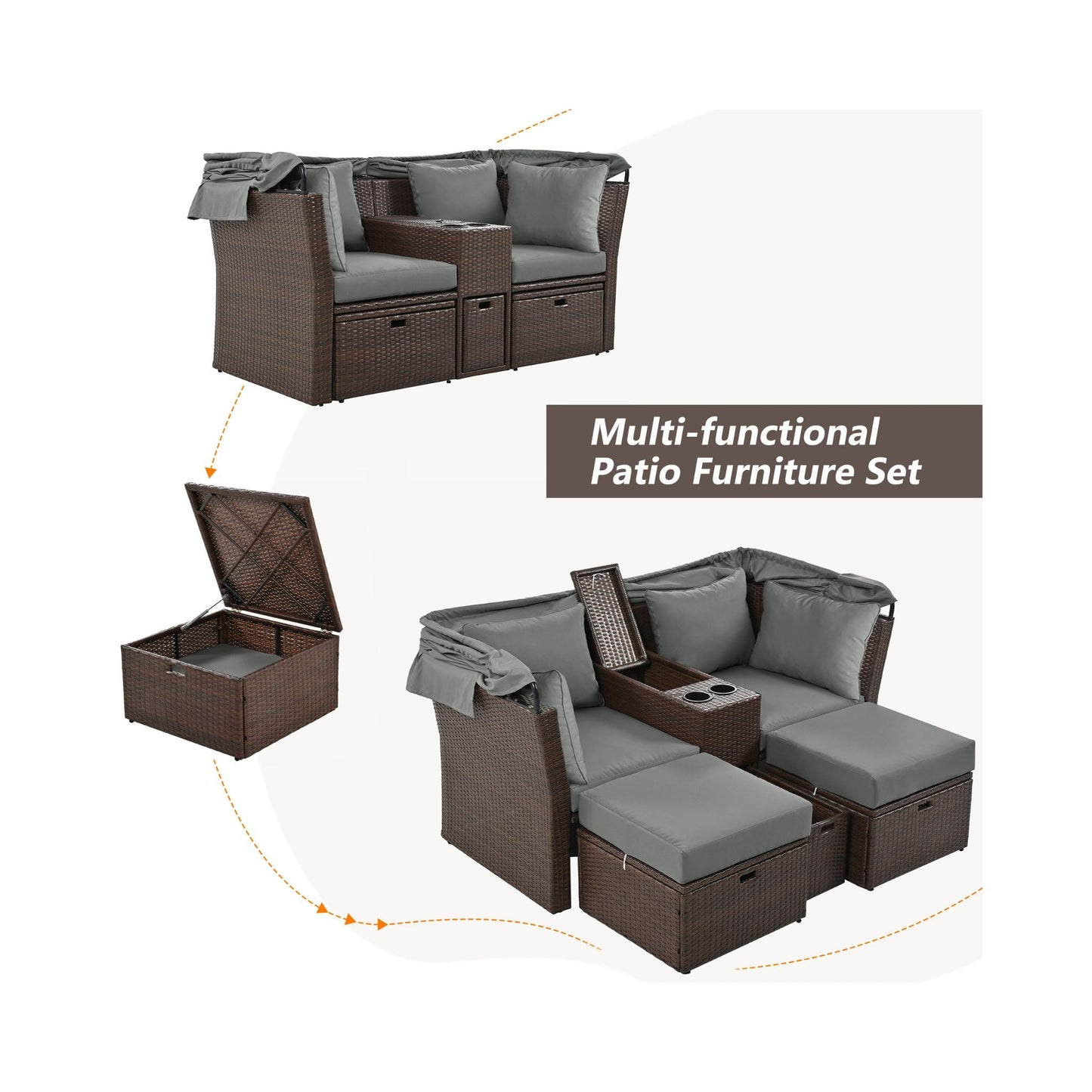 Alora Premium Outdoor 2-Seater Patio Daybed with Foldable Awning, Cushions, and Rattan Frame