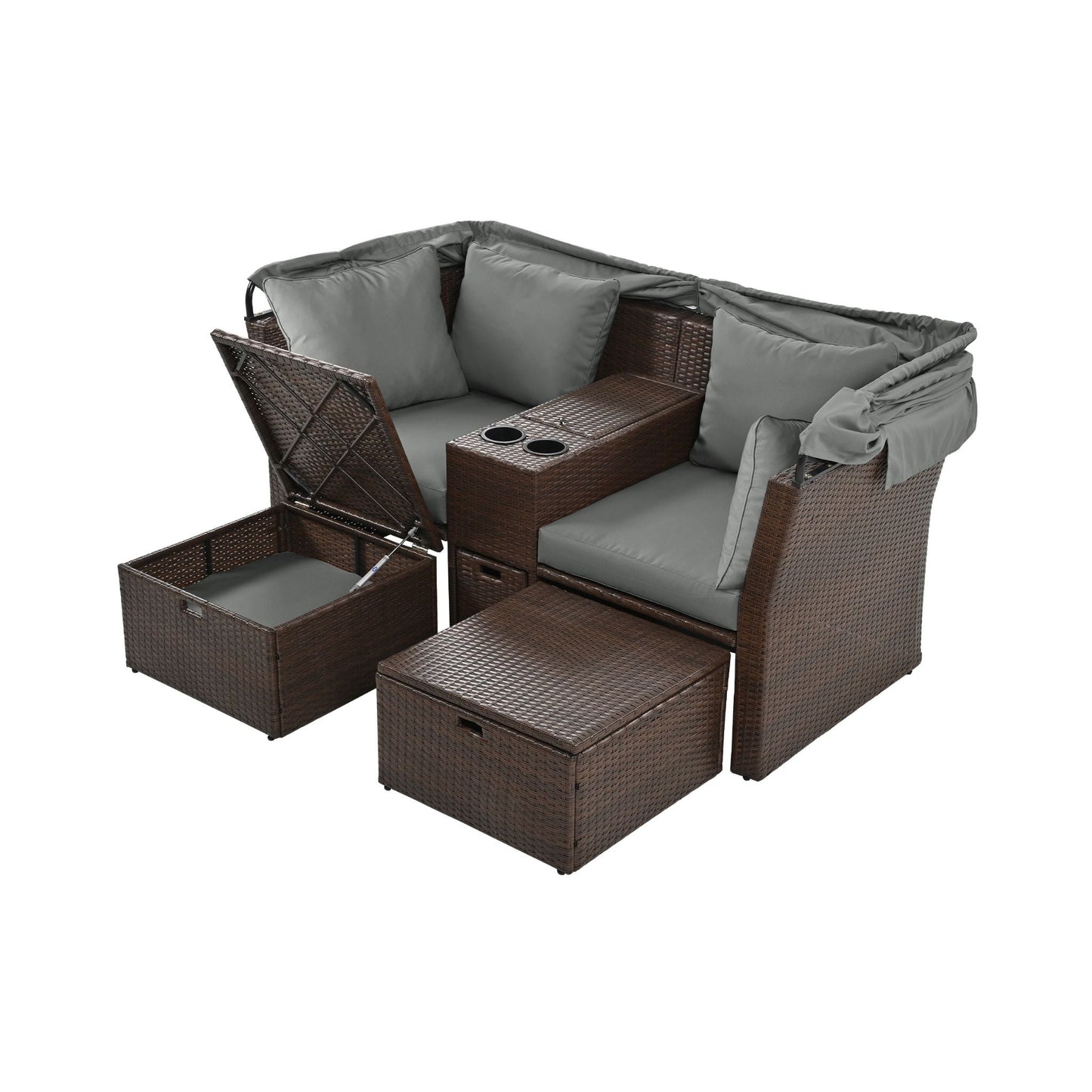 Alora Premium Outdoor 2-Seater Patio Daybed with Foldable Awning, Cushions, and Rattan Frame