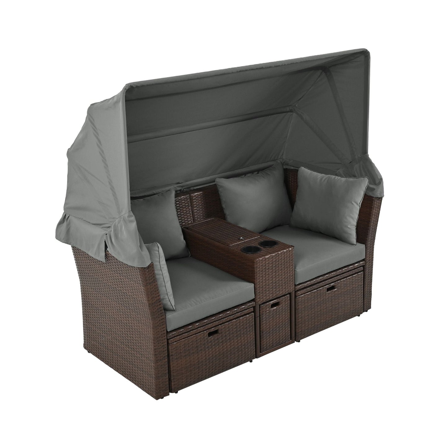 Alora Premium Outdoor 2-Seater Patio Daybed with Foldable Awning, Cushions, and Rattan Frame