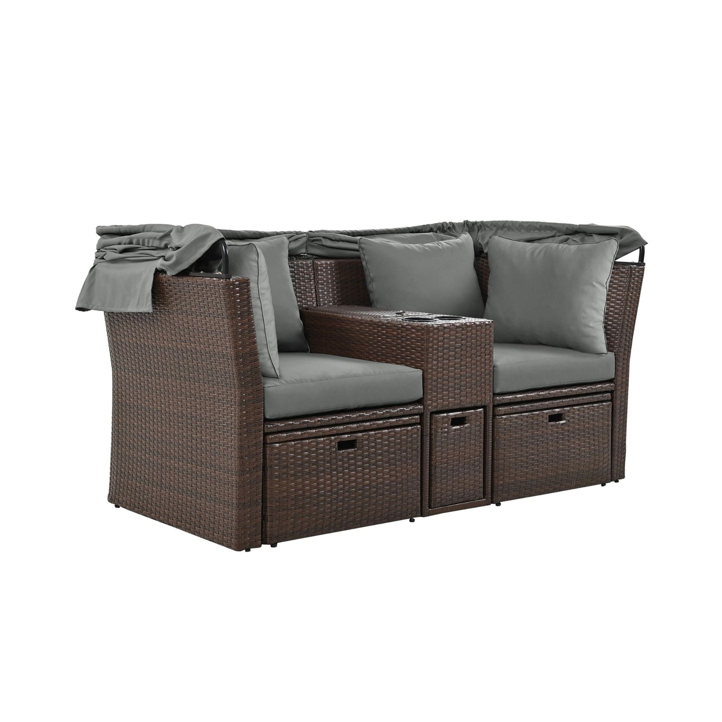 Alora Premium Outdoor 2-Seater Patio Daybed with Foldable Awning, Cushions, and Rattan Frame