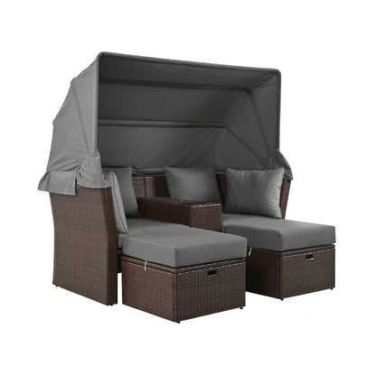 Alora Premium Outdoor 2-Seater Patio Daybed with Foldable Awning, Cushions, and Rattan Frame