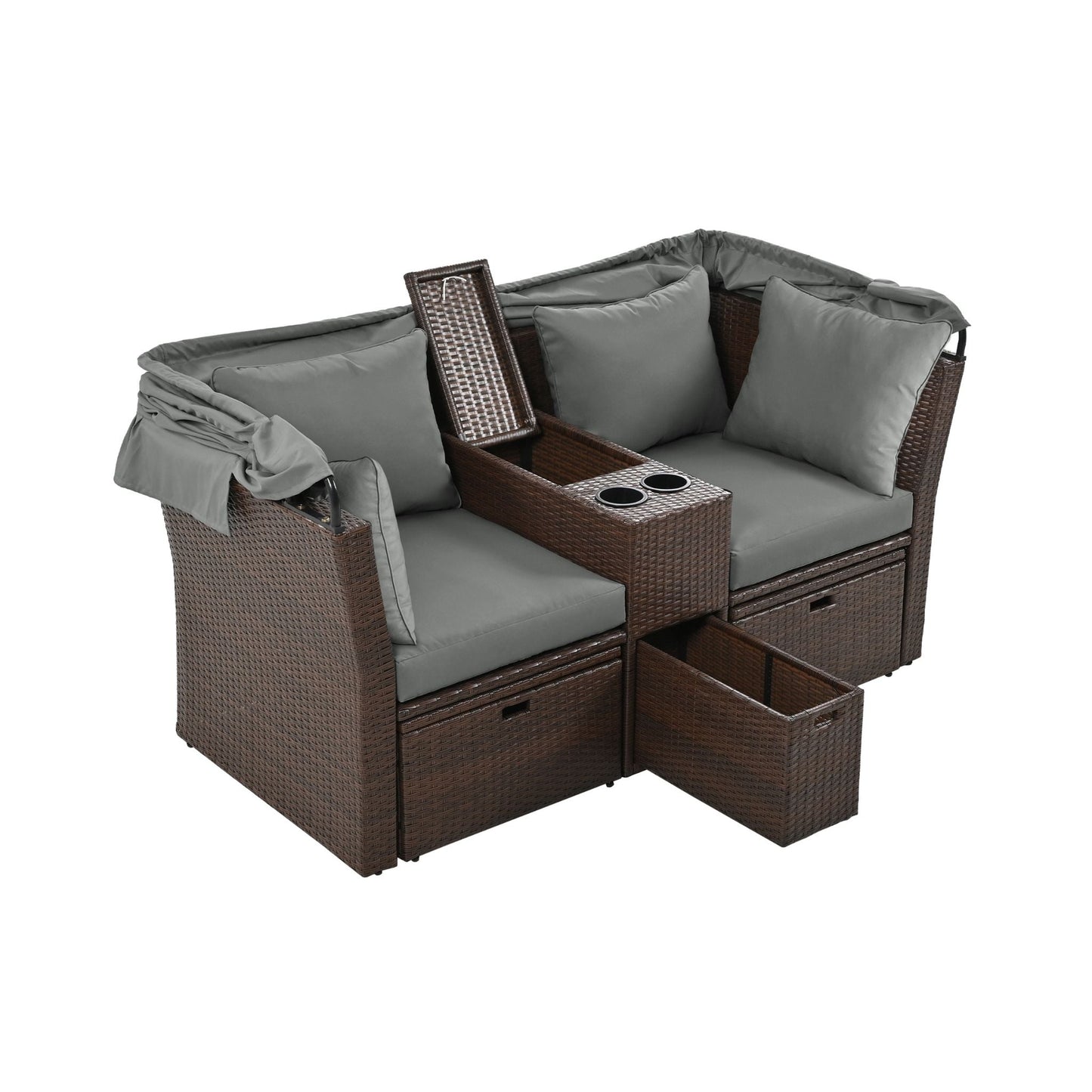 Alora Premium Outdoor 2-Seater Patio Daybed with Foldable Awning, Cushions, and Rattan Frame