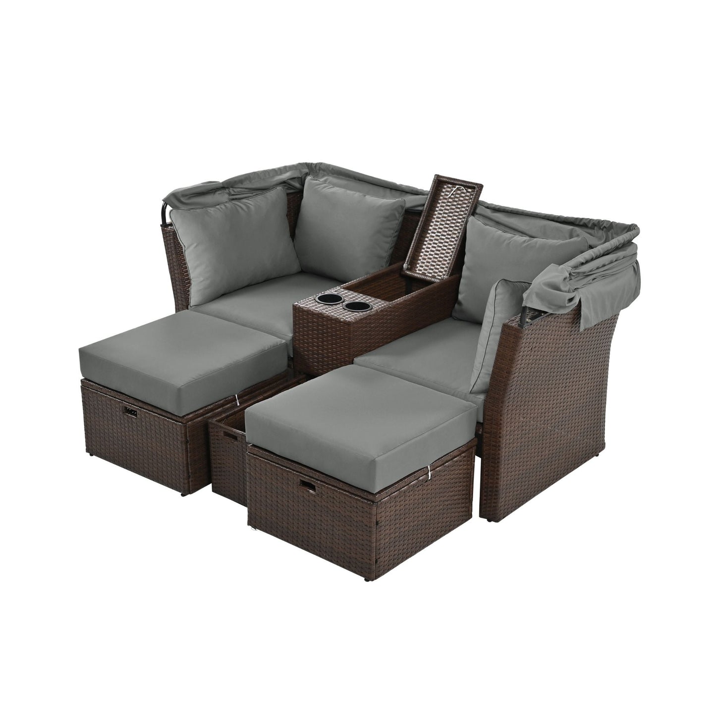 Alora Premium Outdoor 2-Seater Patio Daybed with Foldable Awning, Cushions, and Rattan Frame