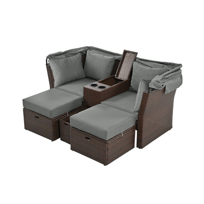 Alora Premium Outdoor 2-Seater Patio Daybed with Foldable Awning, Cushions, and Rattan Frame